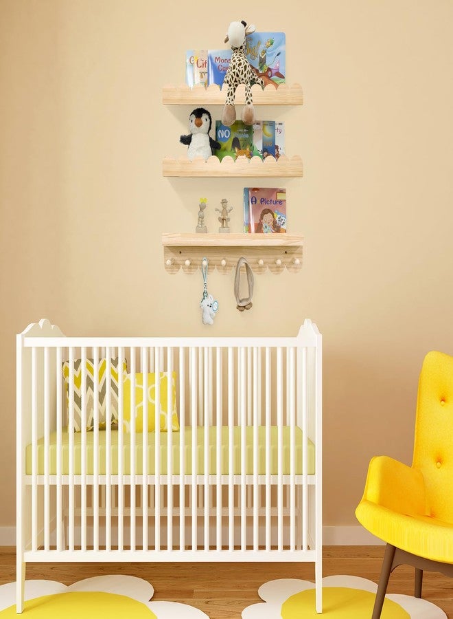 icnjdMopclean Floating Nursery Book Shelves with Hooks-20Inches Scalloped Shelves for Bedroom Kids Set of 3, Nursery Bookshelf for Kids Room Decor, Natural, Large - Image 4
